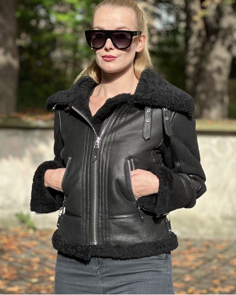 Bunda dámská Kara černá s kožíškem "pilotka"